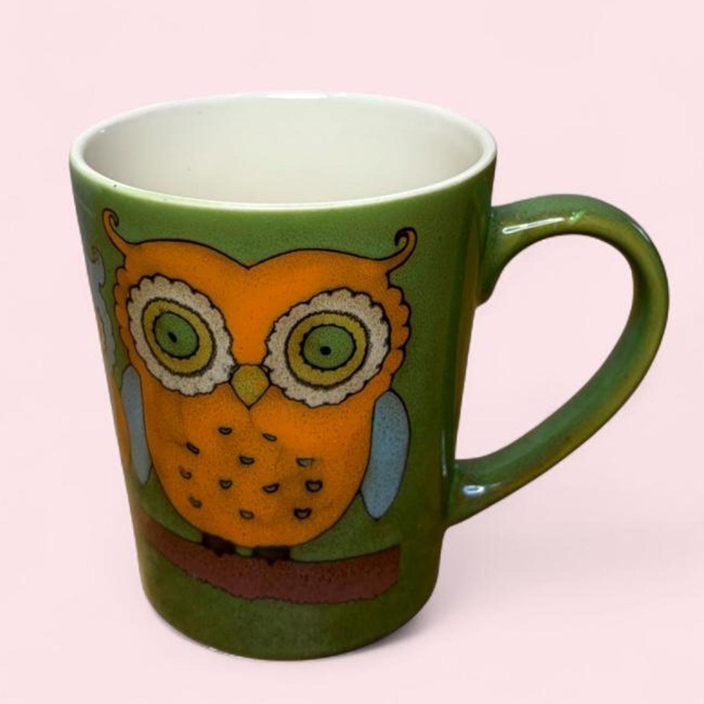 Vintage Retro Ceramic Owl Coffee Mug Green Woodland Cottagecore Speckled Glaze